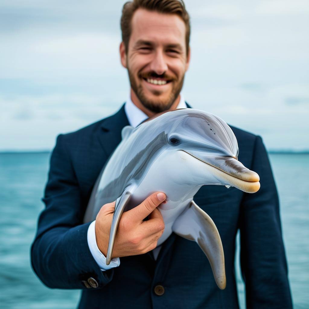 business man holding a dolphin